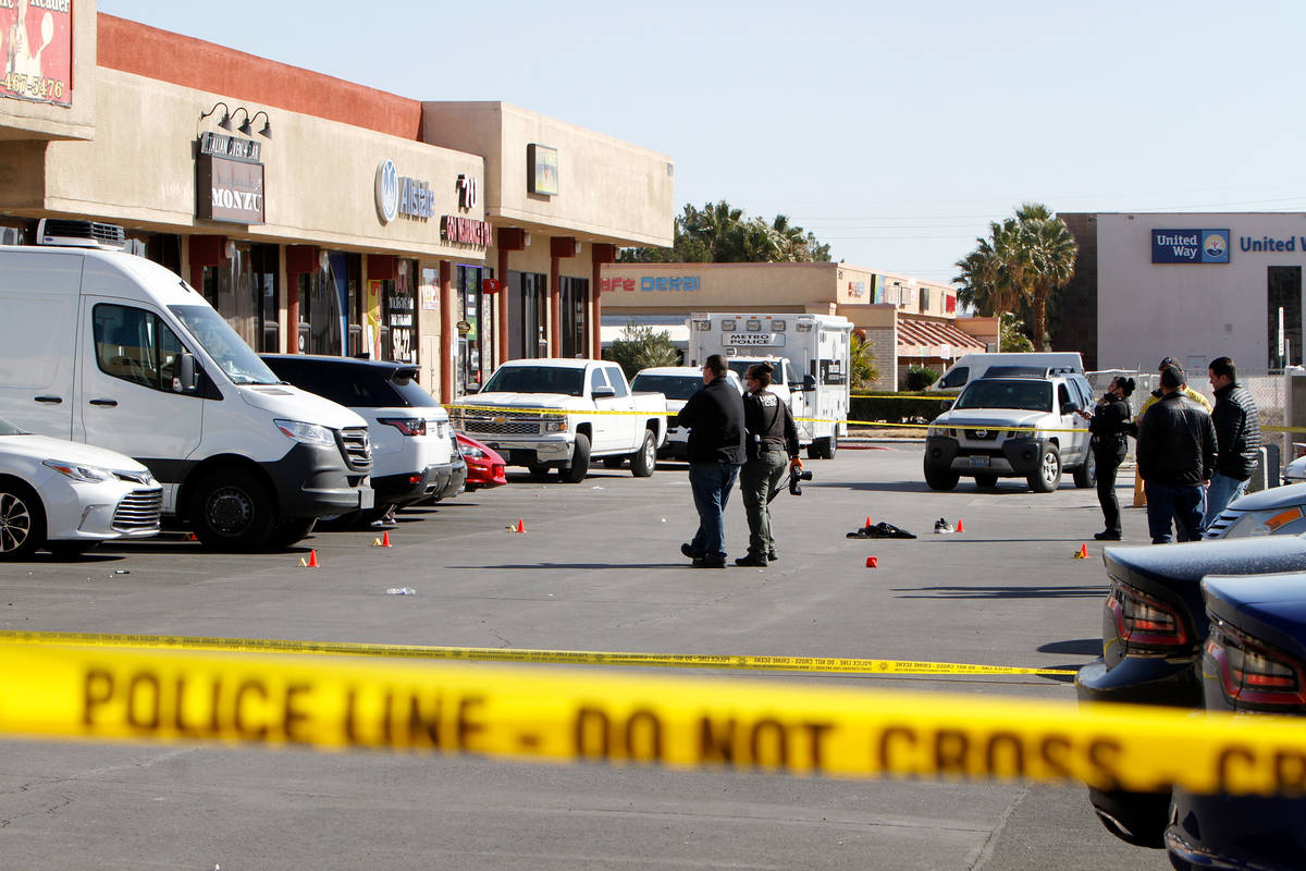 Las Vegas police investigate a homicide, Feb. 20, 2021, near the 6000 block of West Flamingo Ro ...