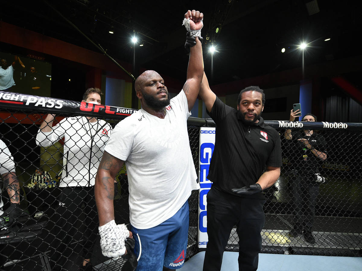 Derrick Lewis reacts after his knockout victory over Curtis Blaydes in a heavyweight bout durin ...