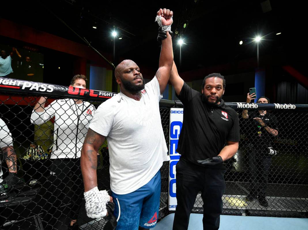 Derrick Lewis reacts after his knockout victory over Curtis Blaydes in a heavyweight bout durin ...
