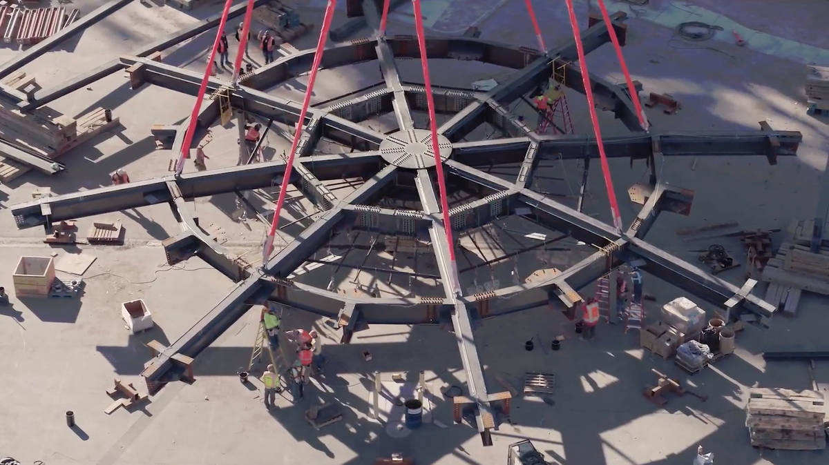 A 170-ton steel compression ring — the heaviest component for the construction of the MSG Sph ...