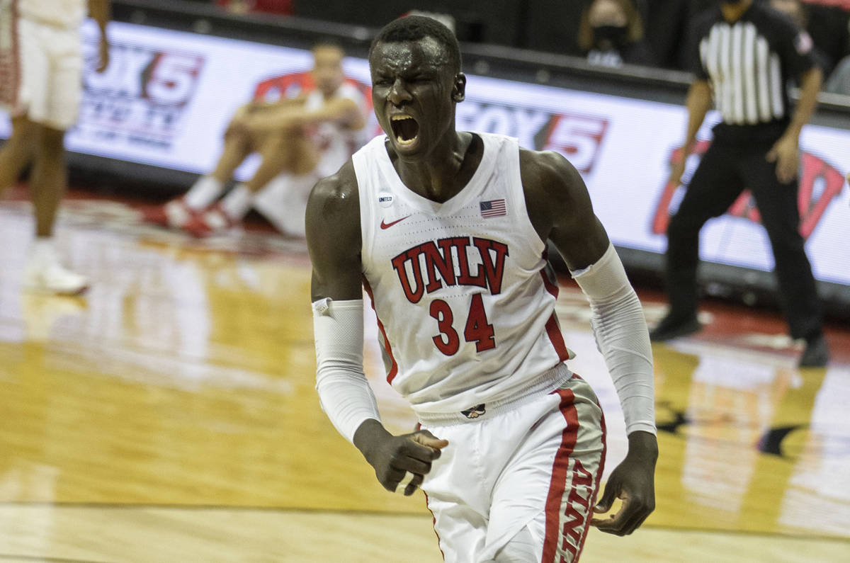 UNLV Rebels forward Cheikh Mbacke Diong (34) celebrates after scoring and being fouled in the f ...