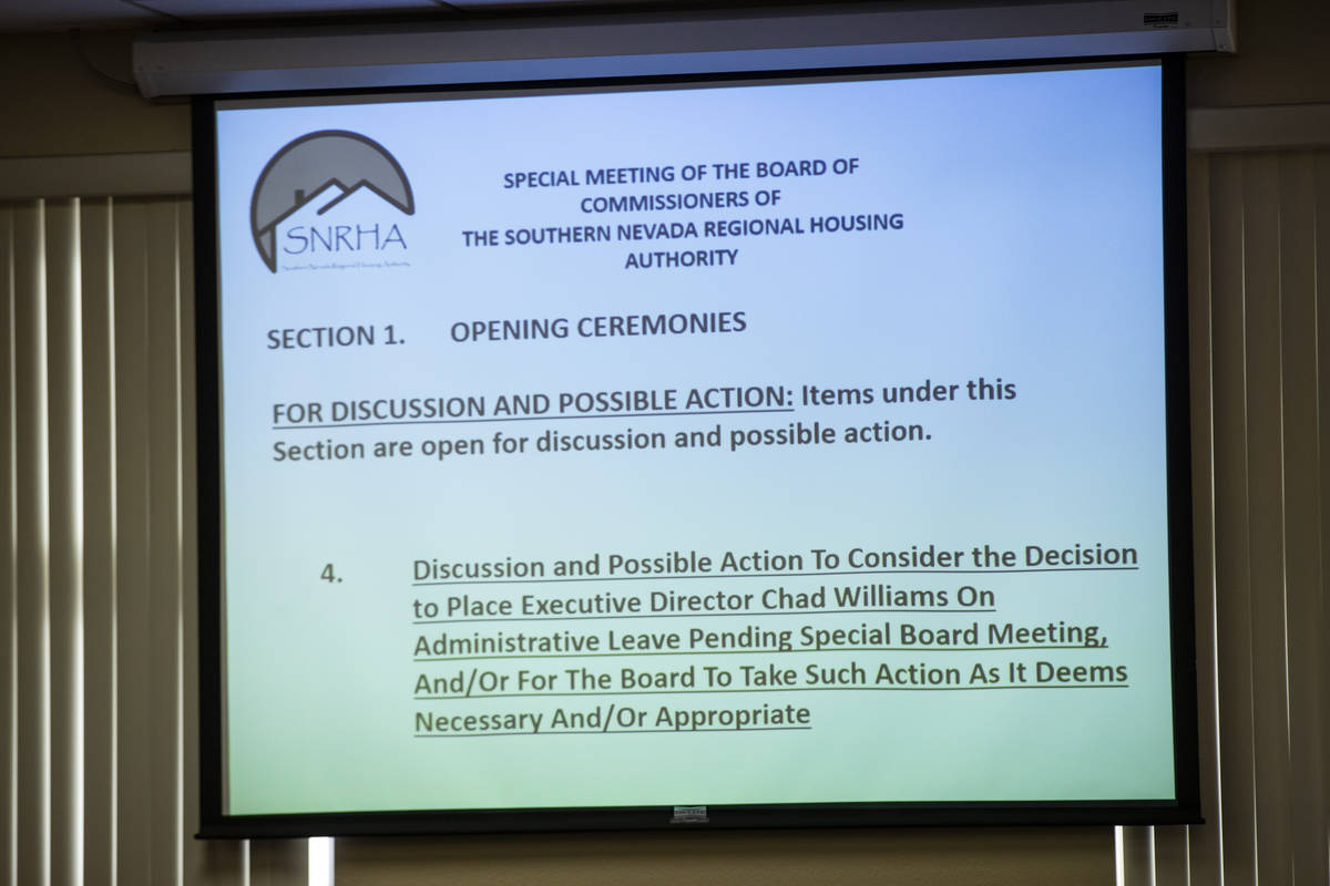 The agenda item relating to executive director Chad Williams is seen during a Southern Nevada R ...