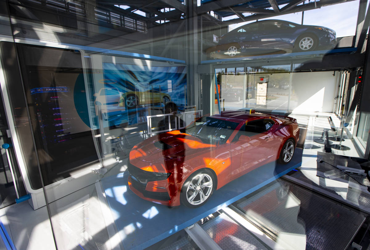 A 2019 Chevrolet Camaro SS is retrieved at Carvana, a fully-automated, coin-operated car vendin ...