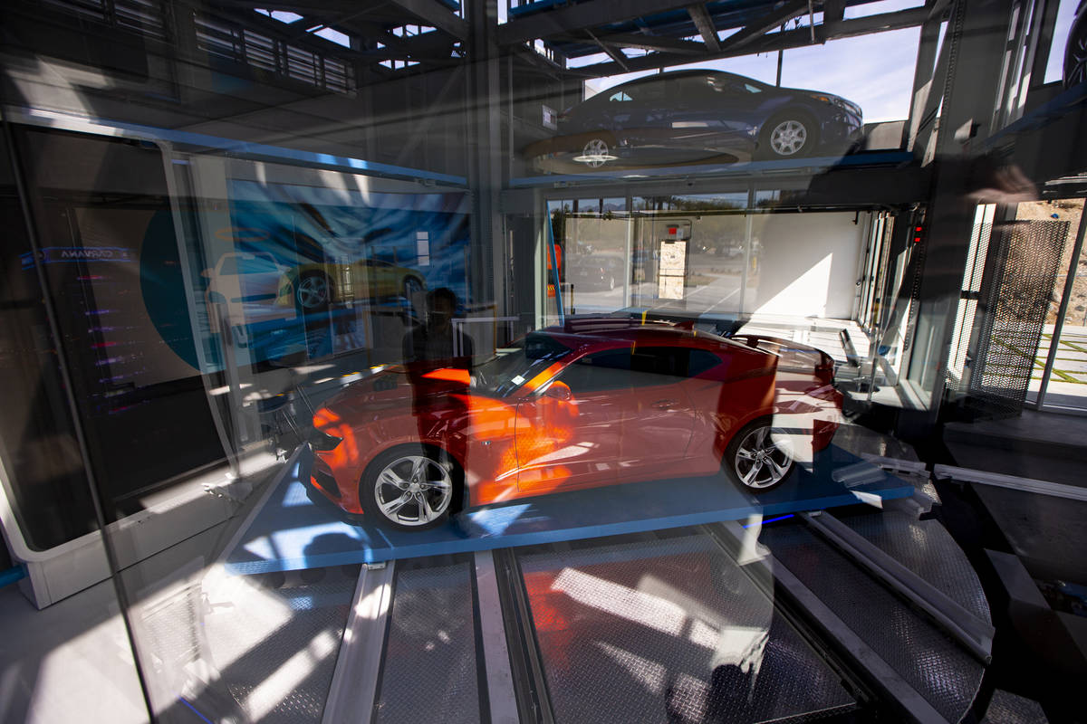 A 2019 Chevrolet Camaro SS is retrieved at Carvana, a fully-automated, coin-operated car vendin ...