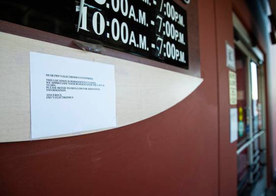A notice about the closure of Fry's Electronics is seen at Town Square in Las Vegas on Wednesda ...