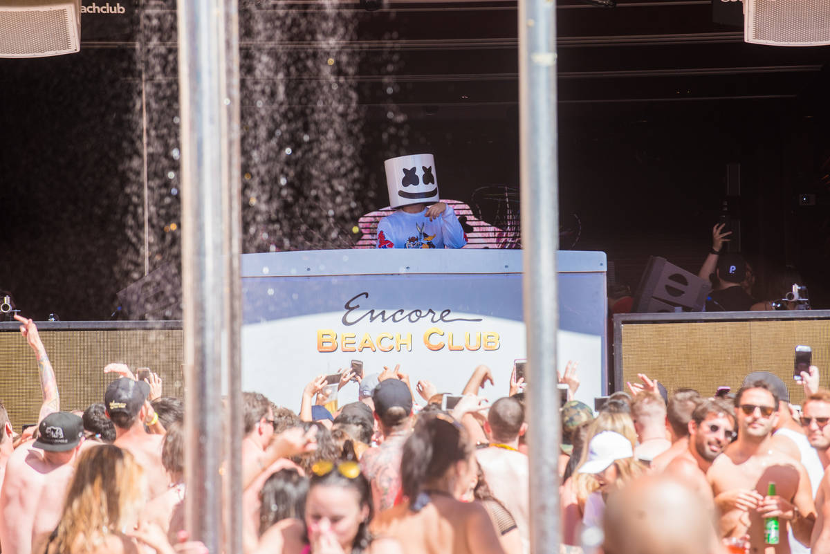 DJ Marshmello leads the dayclub party at Encore Beach Club on Sunday, May 14, 2017, in Las Vega ...