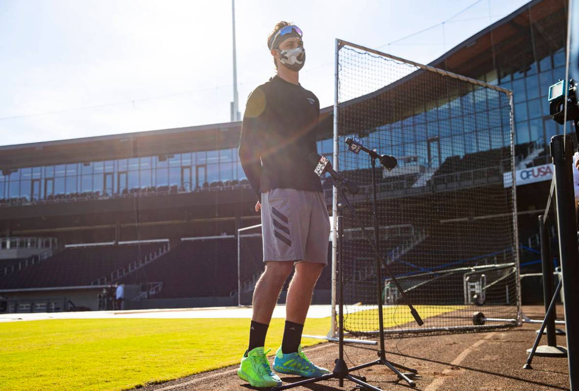 Chicago Cubs' Kris Bryant speaks with the media before participating in batting practice at the ...