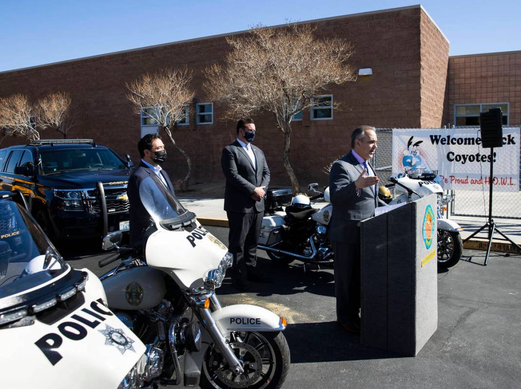 Clark County School District Superintendent Jesus Jara, speaks on school zone safety during a n ...