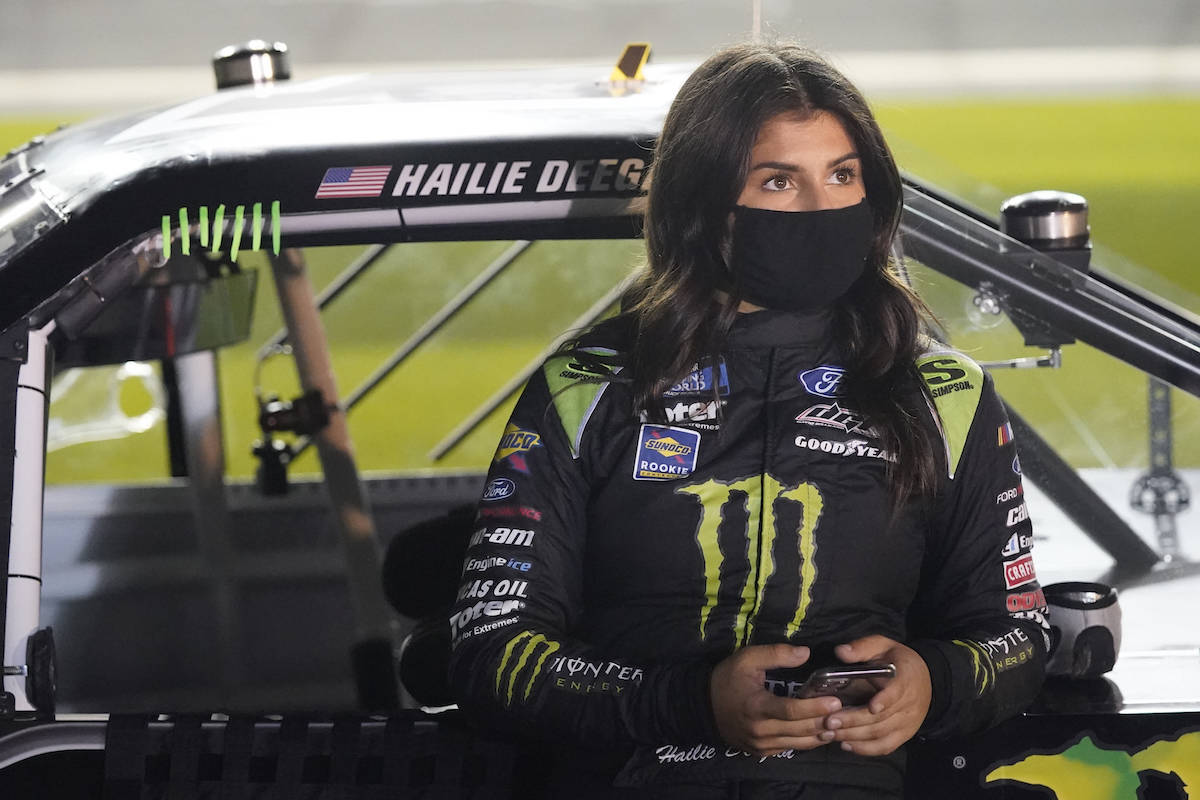 Hailie Deegan on pit road before the NASCAR 250 truck auto race at Daytona International Speedw ...