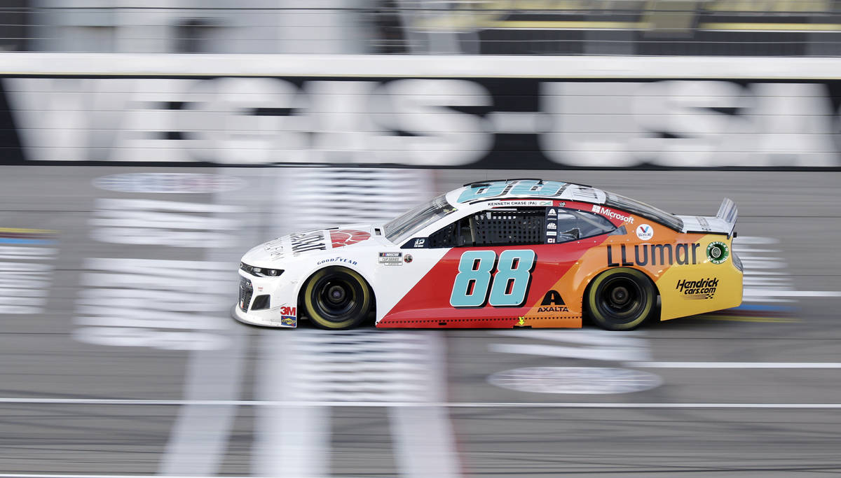 Alex Bowman drives during a NASCAR Cup Series auto race Sunday, Sept. 27, 2020, in Las Vegas. ( ...