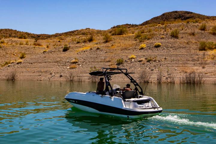 A boat passes by at the Callville Bay Marina at Lake Mead National Recreation Area on Wednesday ...