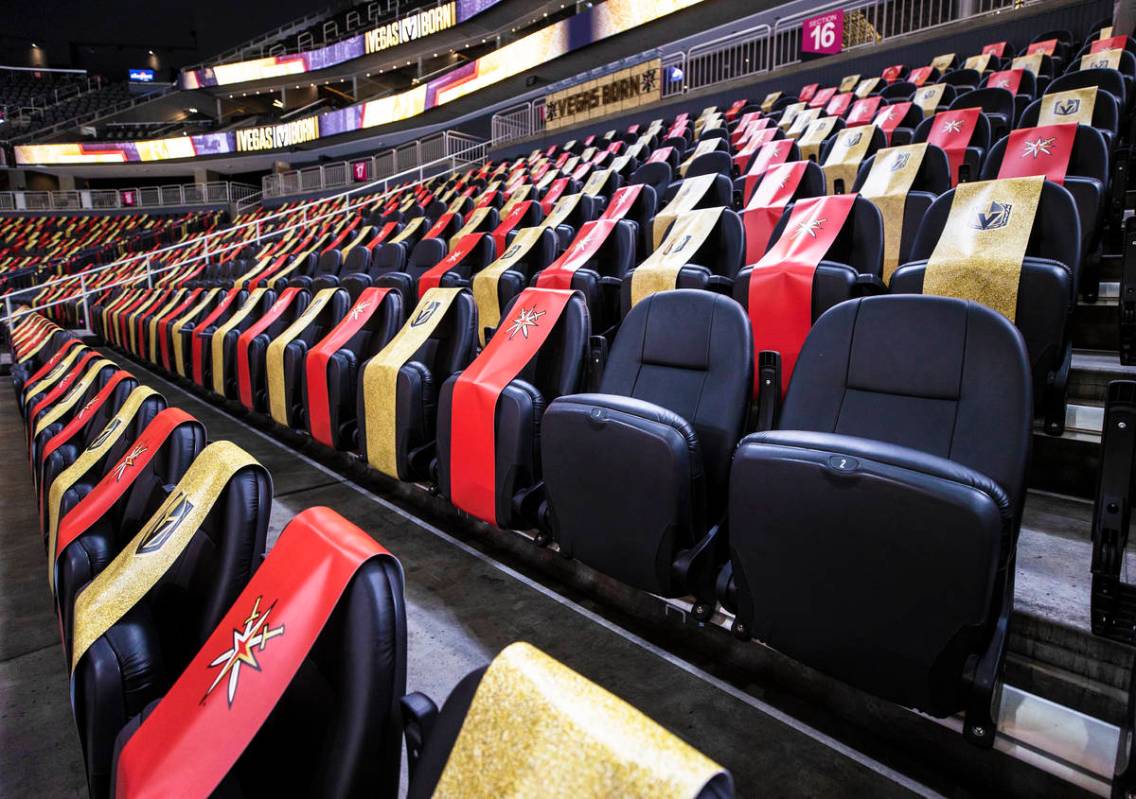 Socially distanced seats at T-Mobile Arena on Thursday, Feb. 25, 2021, in Las Vegas. The Golden ...