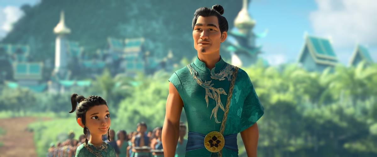 Animated character young Raya, left, appears with her father Benja, voiced by Daniel Dae Kim i ...