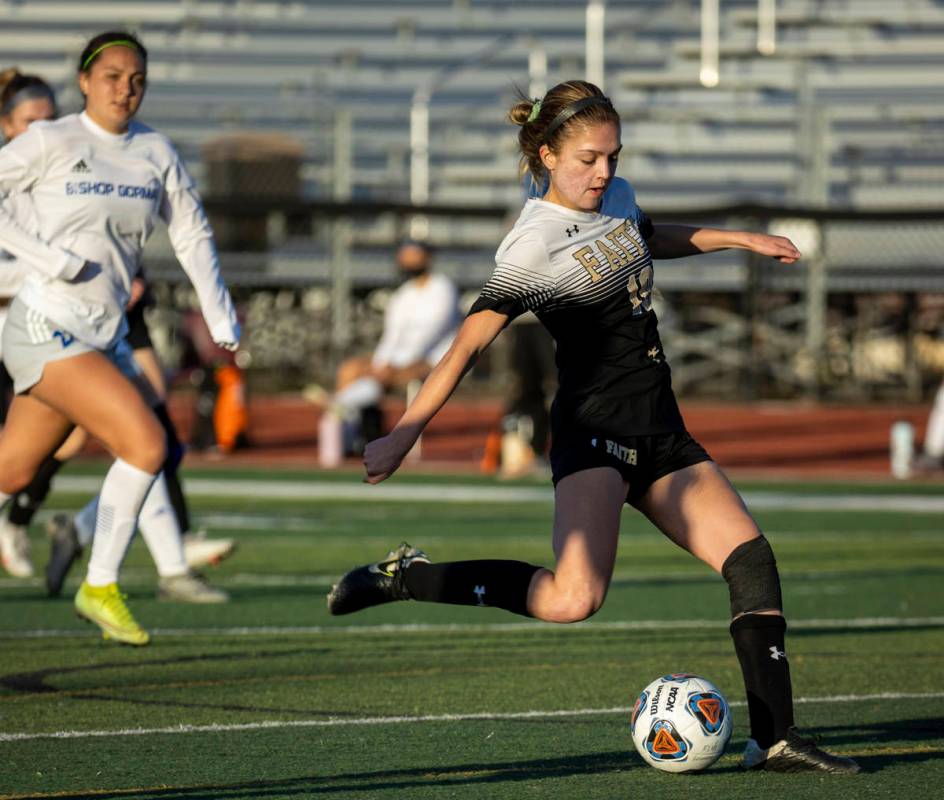 Faith Lutheran's Ari Gronauer (10) winds up for the only goal of the game versus Bishop Gorman ...