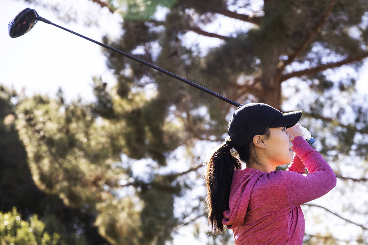 Las Vegas resident Danielle Kang, ranked in the top 5 on the LPGA Tour, plays the 18th hole at ...