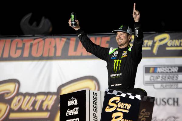 Kurt Busch (1), of Las Vegas, celebrates in Victory Lane after winning a NASCAR Cup Series ...