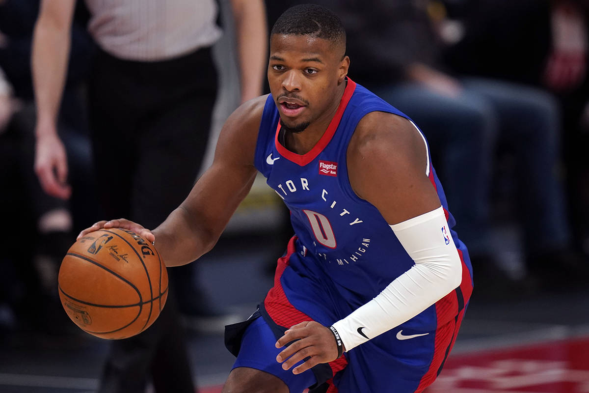 Detroit Pistons guard Dennis Smith Jr. brings the ball up court during the second half of an NB ...