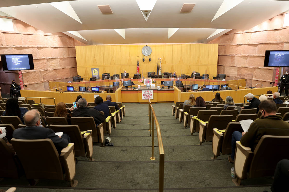 Clark County Commissioners, from left, William McCurdy II, Michael Naft, Justin Jones, Chairman ...