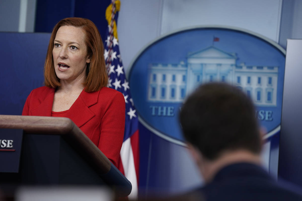 White House press secretary Jen Psaki speaks during a press briefing at the White House, Tuesda ...