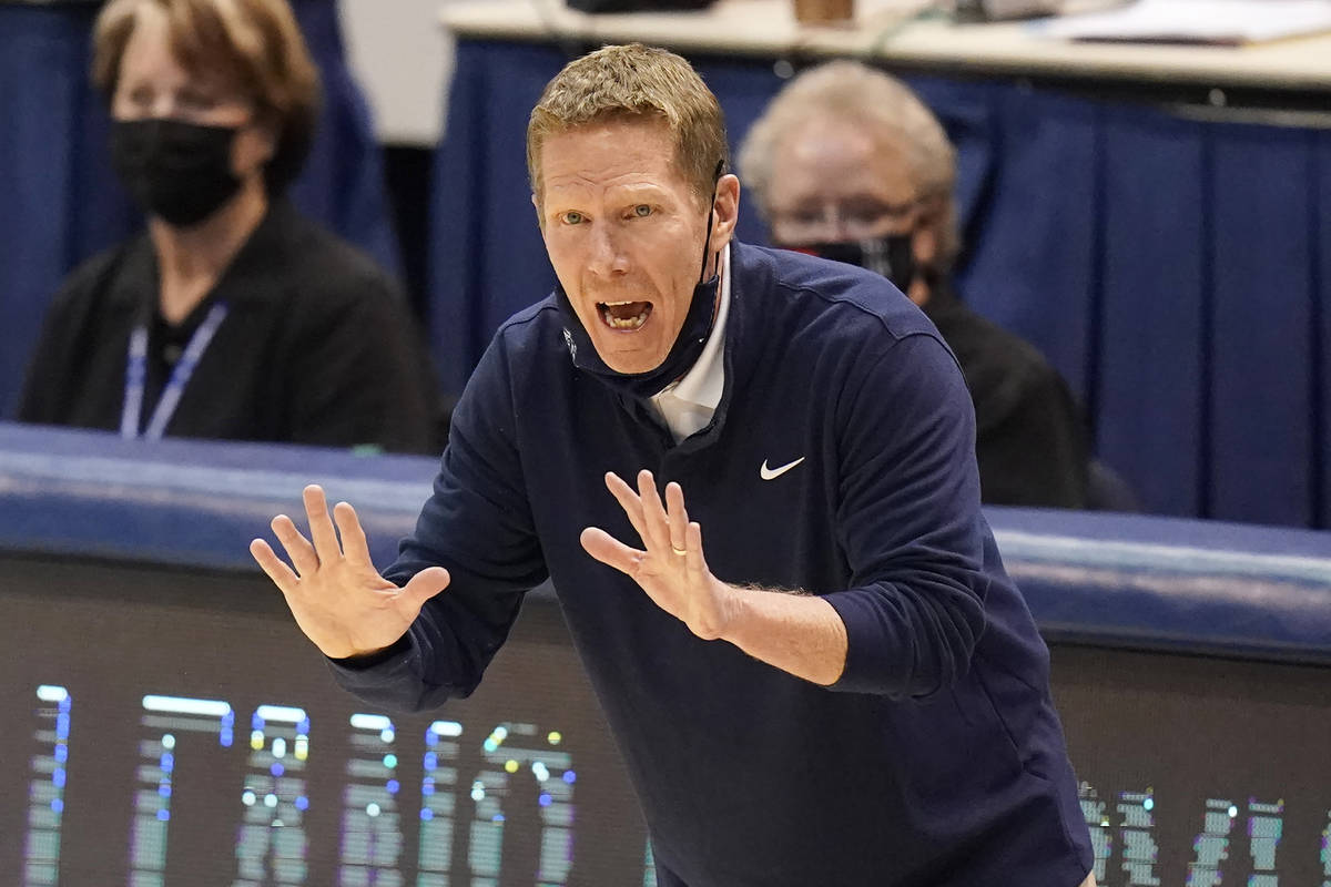 Gonzaga head coach Mark Few shouts to his team in the second half of an NCAA college basketball ...