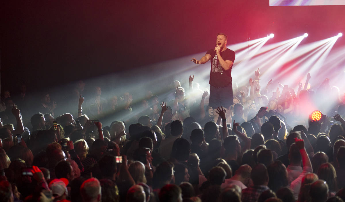 Imagine Dragons frontman Dan Reynolds performs during a show for the bands' album "Origins" at ...