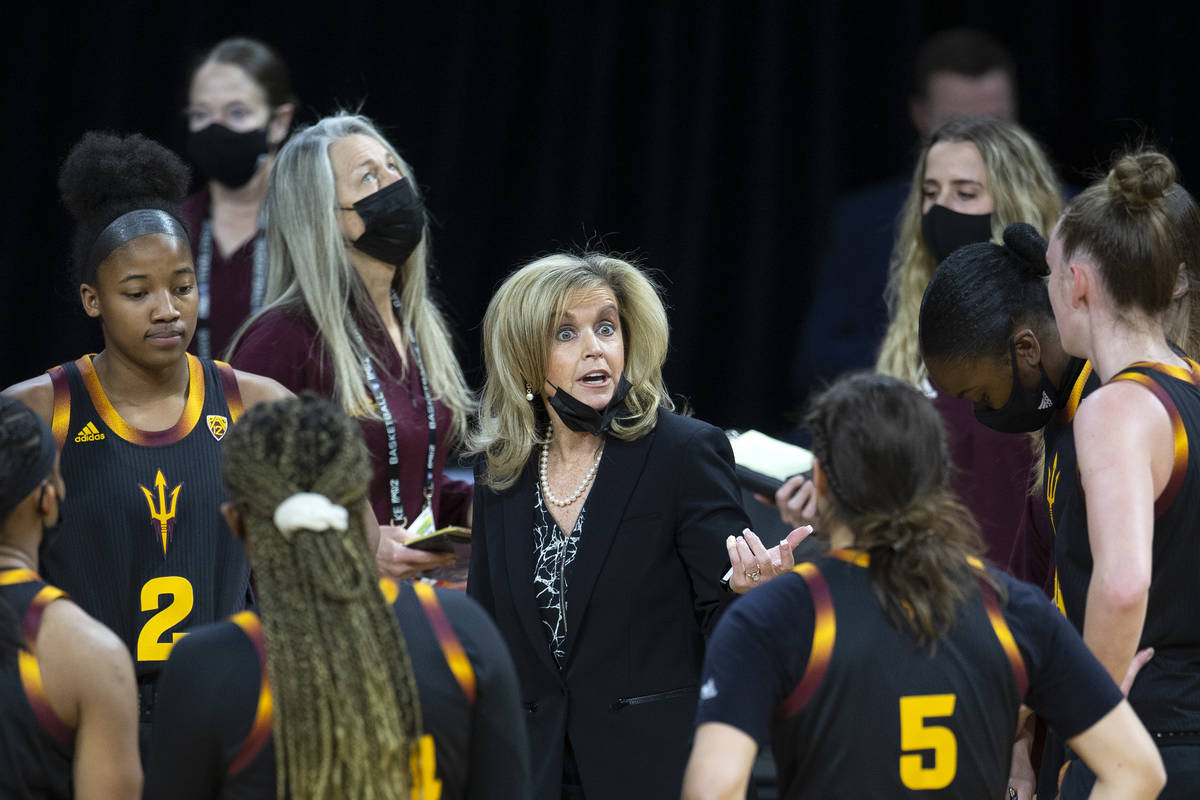 Arizona State Sun Devils head coach Charli Turner Thorne coaches her team during a time out in ...