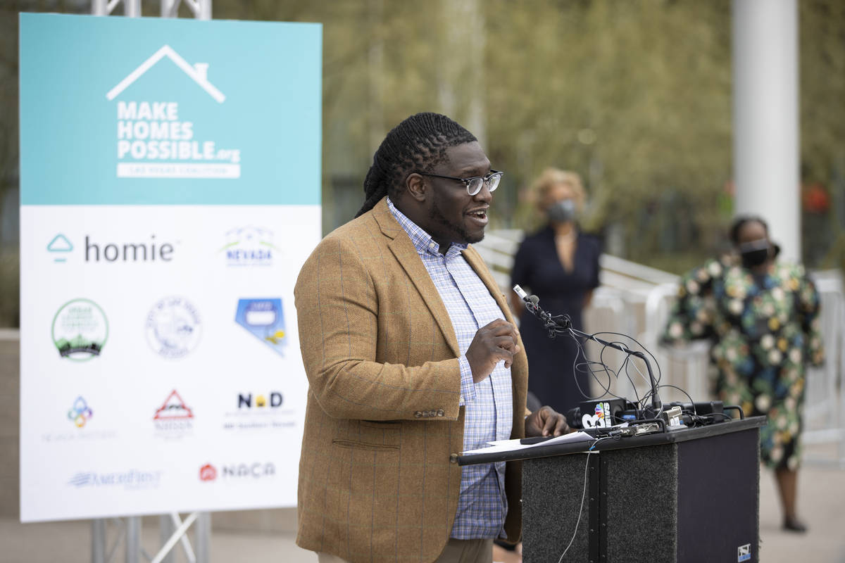 Nevada Partners Executive Director Kenadie Cobbin-Richardson speaks during a press conference t ...