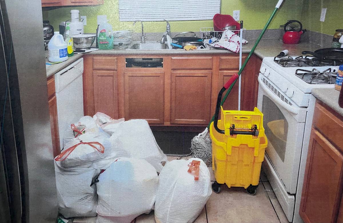 An evidence photo shows cleaning supplies inside the home of Jose Rangel and his son Erick Rang ...