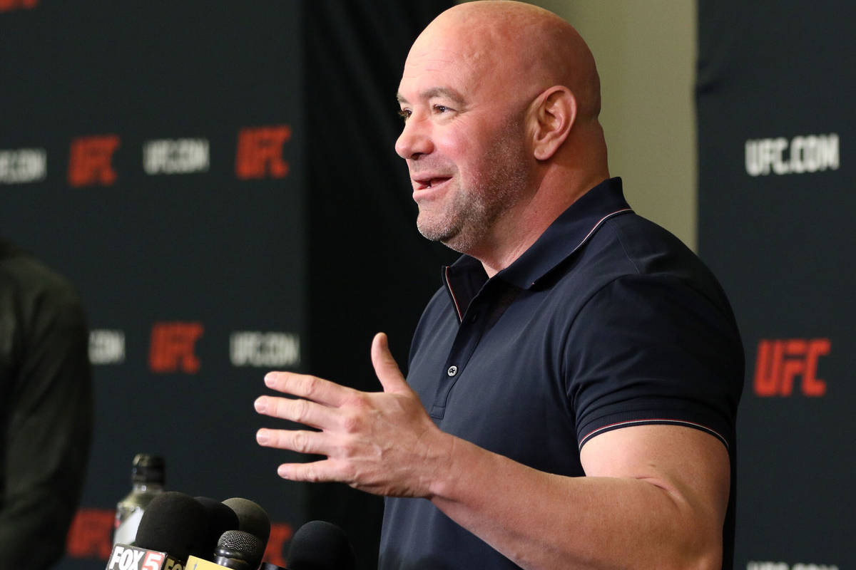 UFC president Dana White speaks during a press conference at the UFC Apex in Las Vegas, Tuesday ...
