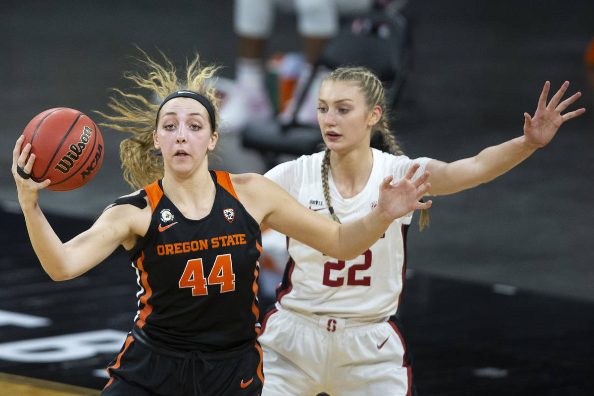 Oregon State Beavers forward Taylor Jones (44) gains possession of the ball while Stanford Card ...