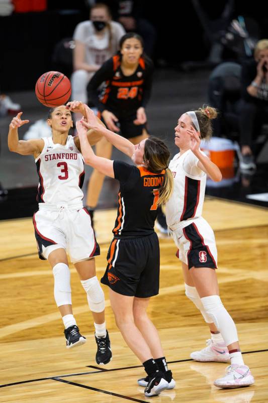 Stanford Cardinal guard Anna Wilson (3) jumps to catch as Oregon State Beavers guard Aleah Good ...