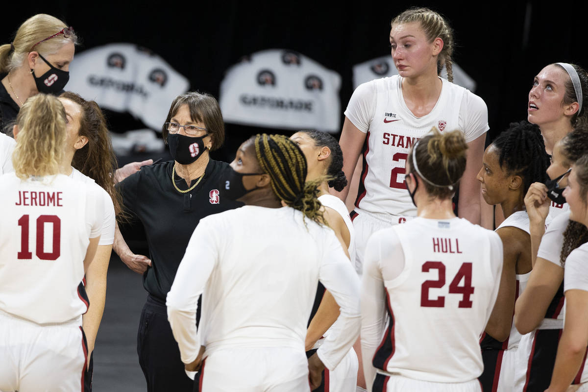 Stanford head coach Tara VanDervereer waits for an Oregon State Beavers time out to end during ...
