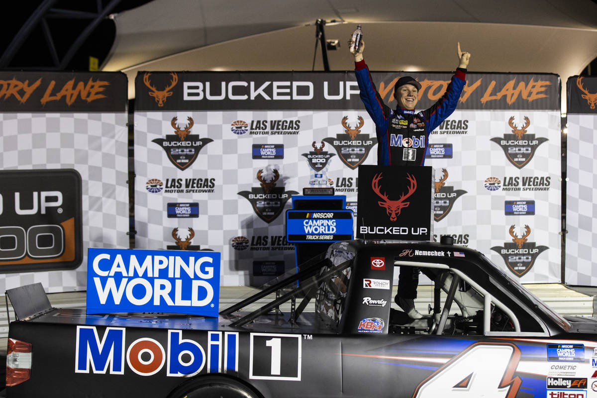 John Nemechek celebrates after winning the NASCAR Trucks auto race at Las Vegas Motor Speedway ...