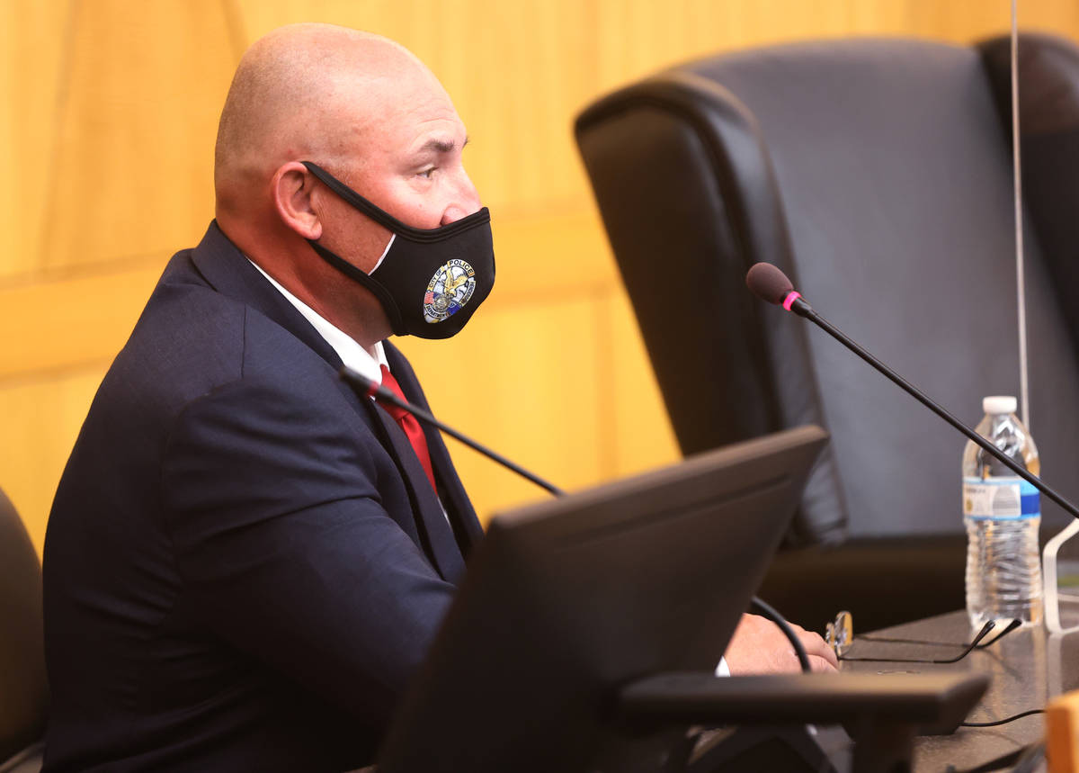 Detective Michael Condratovich testifies during a fact-finding review at the Clark County Clark ...