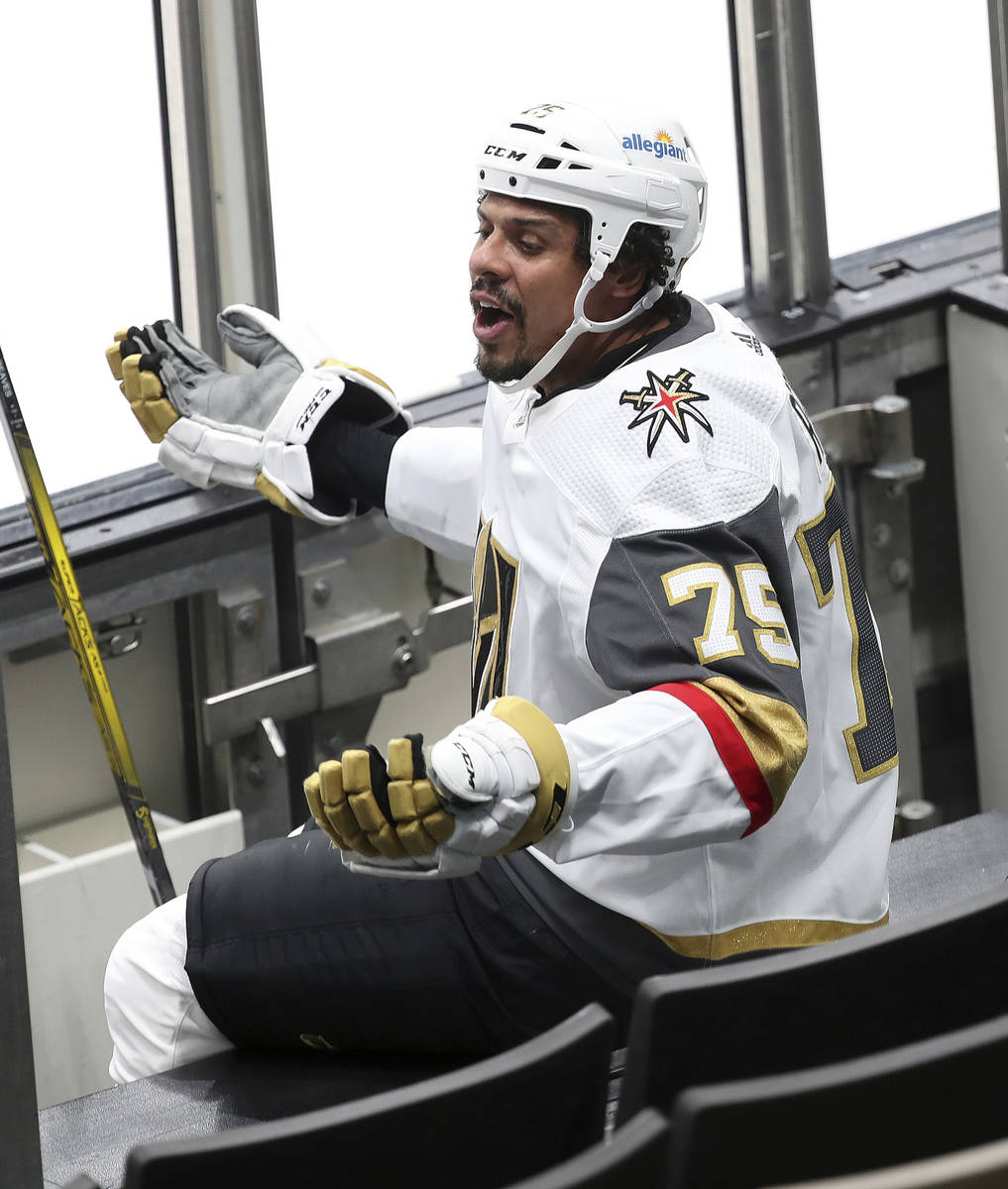 Vegas Golden Knights right wing Ryan Reaves reacts in the penalty box during the third period o ...
