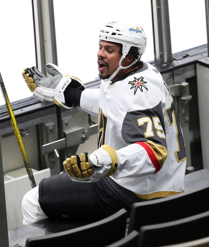 Vegas Golden Knights right wing Ryan Reaves reacts in the penalty box during the third period o ...