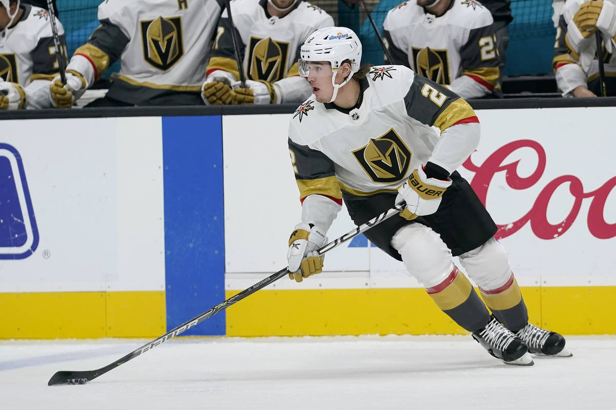 Vegas Golden Knights defenseman Zach Whitecloud skates against the San Jose Sharks during the f ...