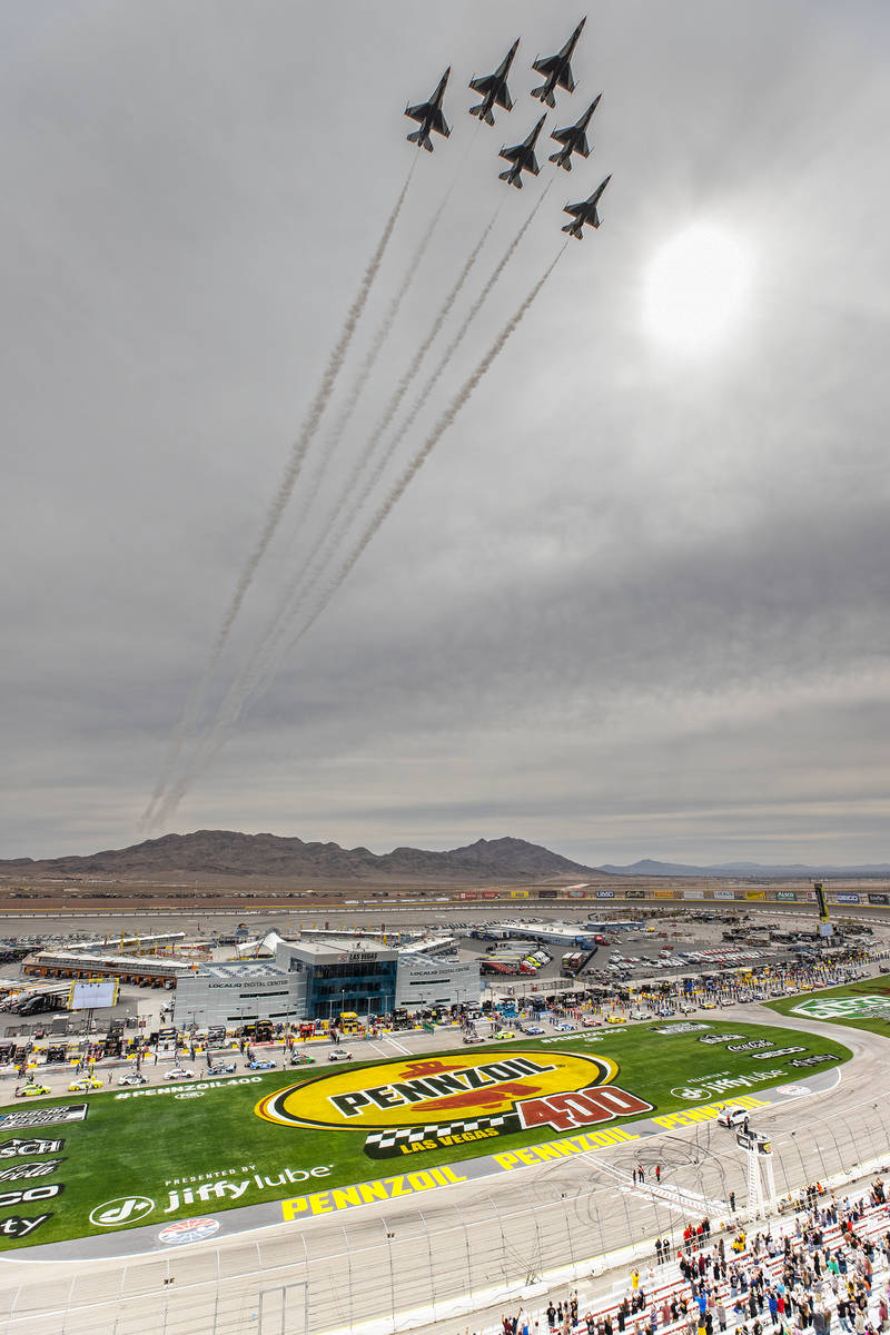 The U.S. Air Force Thunderbirds perform a flyover of Las Vegas Motor Speedway before the start ...