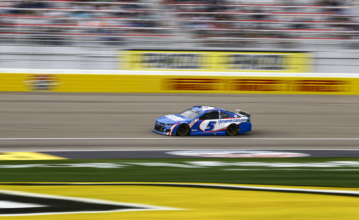 Kyle Larson drives during the final laps the NASCAR Cup Series Pennzoil 400 auto race at the La ...