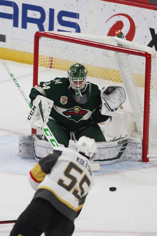 Minnesota Wild goalie Kaapo Kahkonen (34) gets ready for the puck shot by Vegas Golden Knights' ...