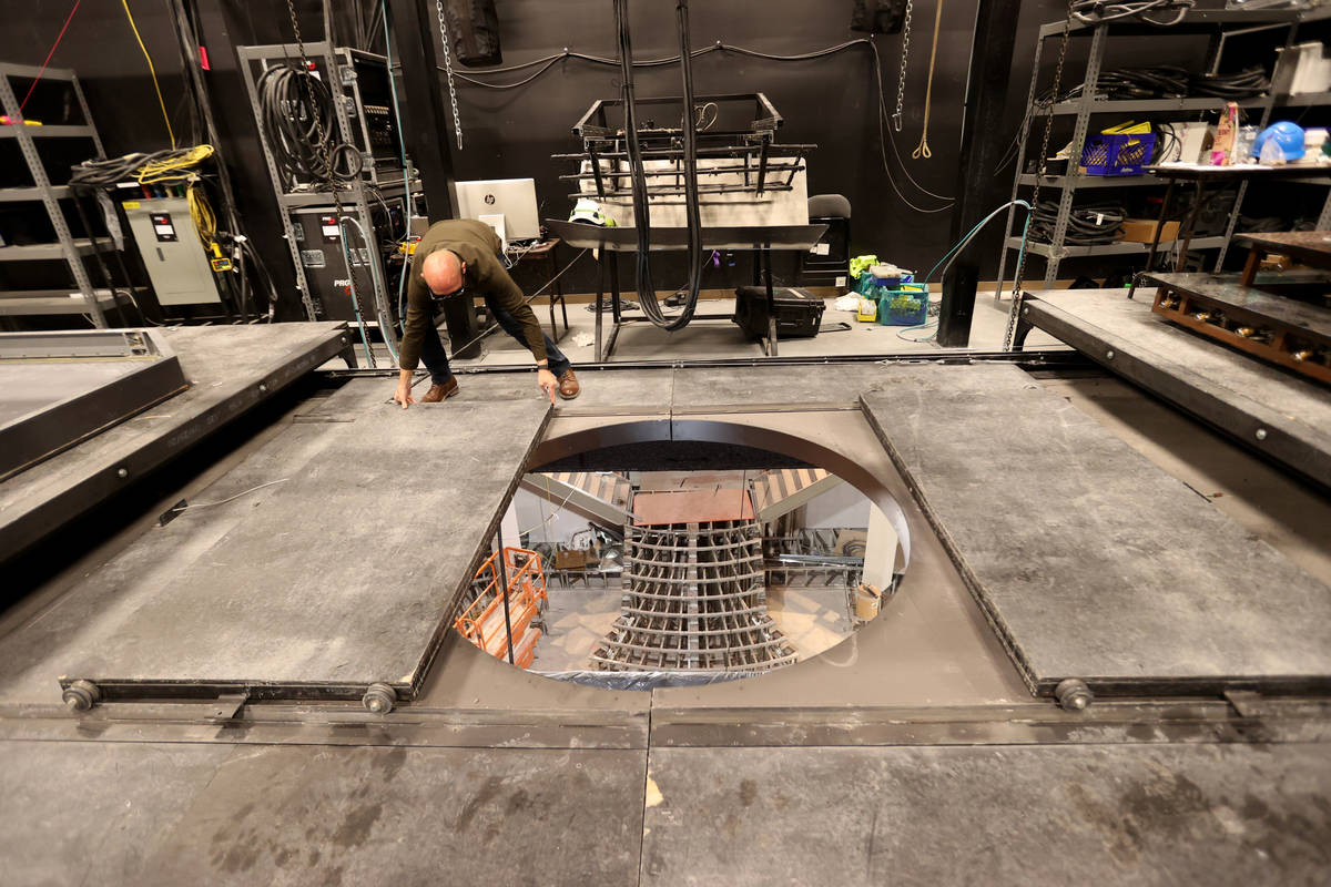 Production Manager Don Gilmore shows the aerialist trap door at the under construction Magic Mi ...