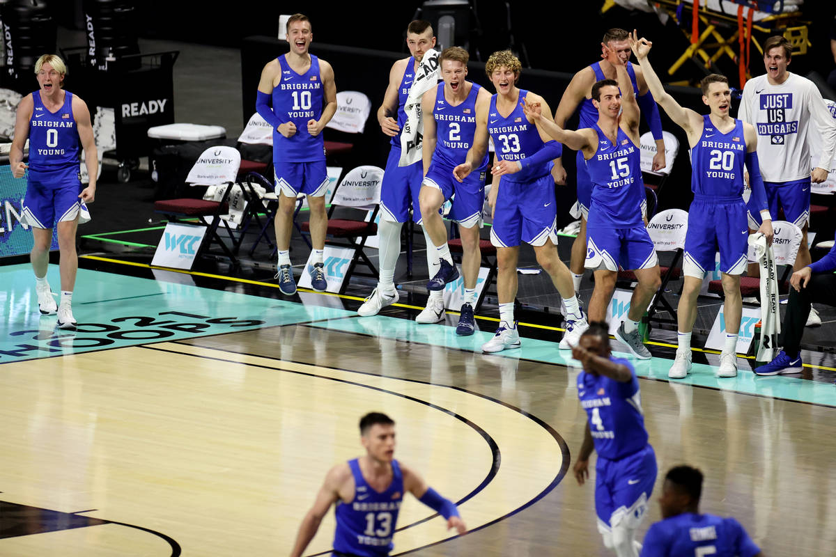 The Brigham Young Cougars reacts after a score against the Gonzaga Bulldogs in the first half o ...