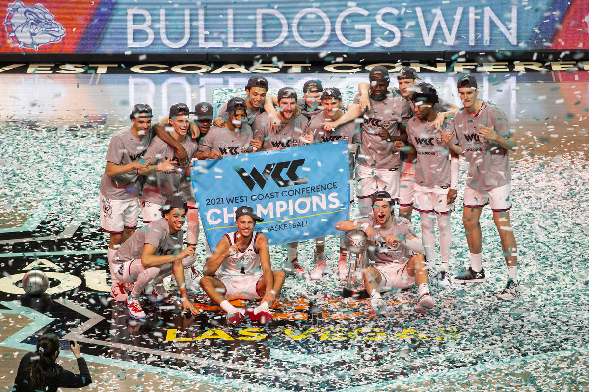 Gonzaga Bulldogs celebrate their win against Brigham Young Cougars in the West Coast Conference ...