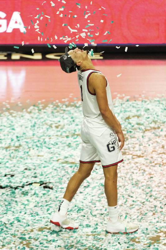 Gonzaga Bulldogs guard Jalen Suggs (1) celebrates his team's win against Brigham Young Cougars ...