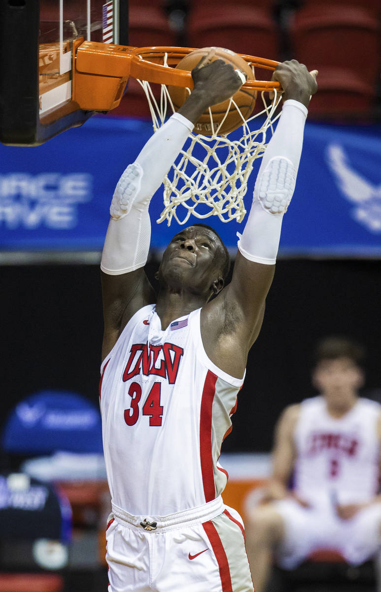 UNLV Rebels forward Cheikh Mbacke Diong (34) converts a fast break dunk in the second half duri ...