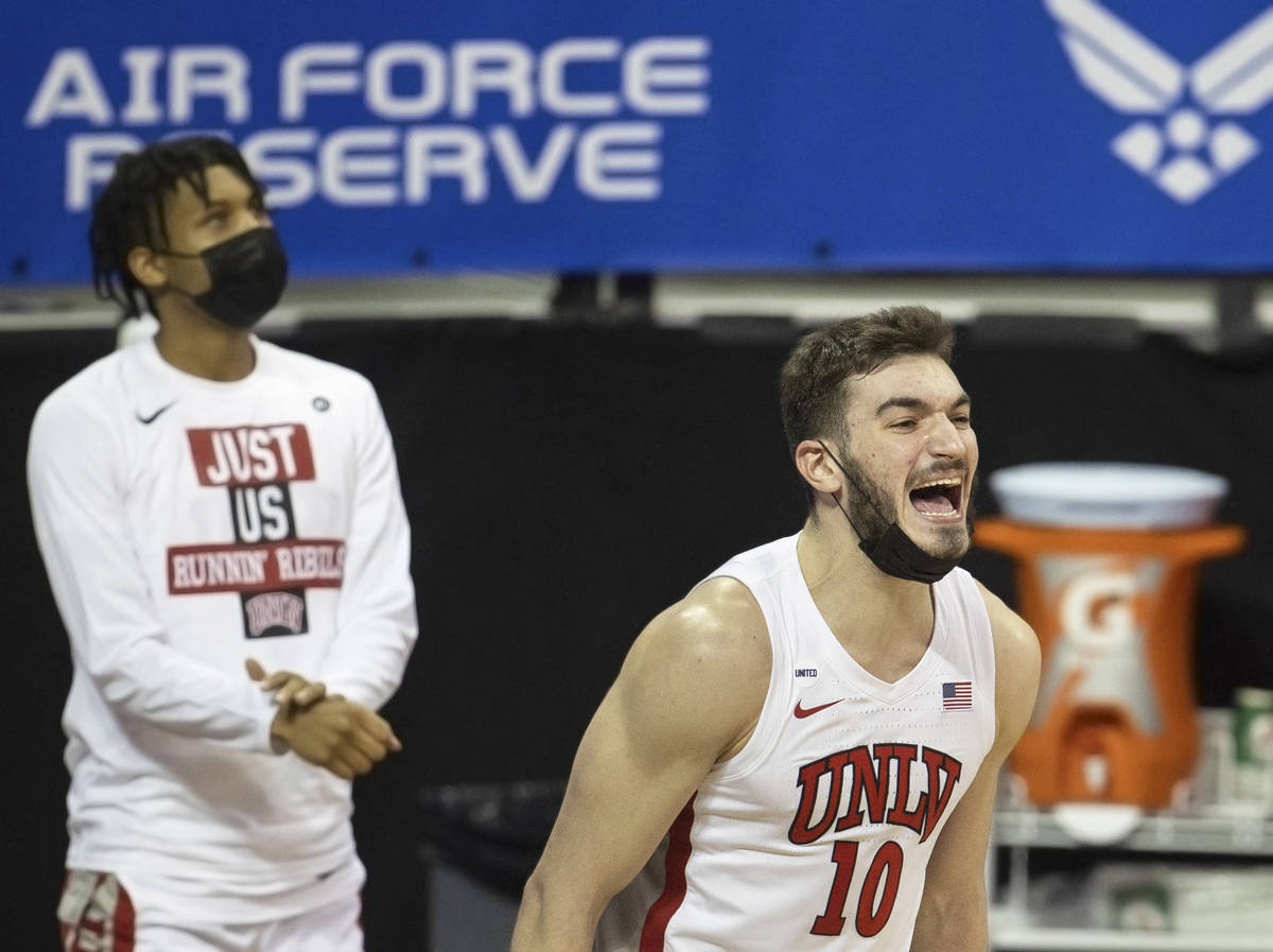 UNLV Rebels forward Edoardo Del Cadia (10) cheers on his teammates in the second half during th ...