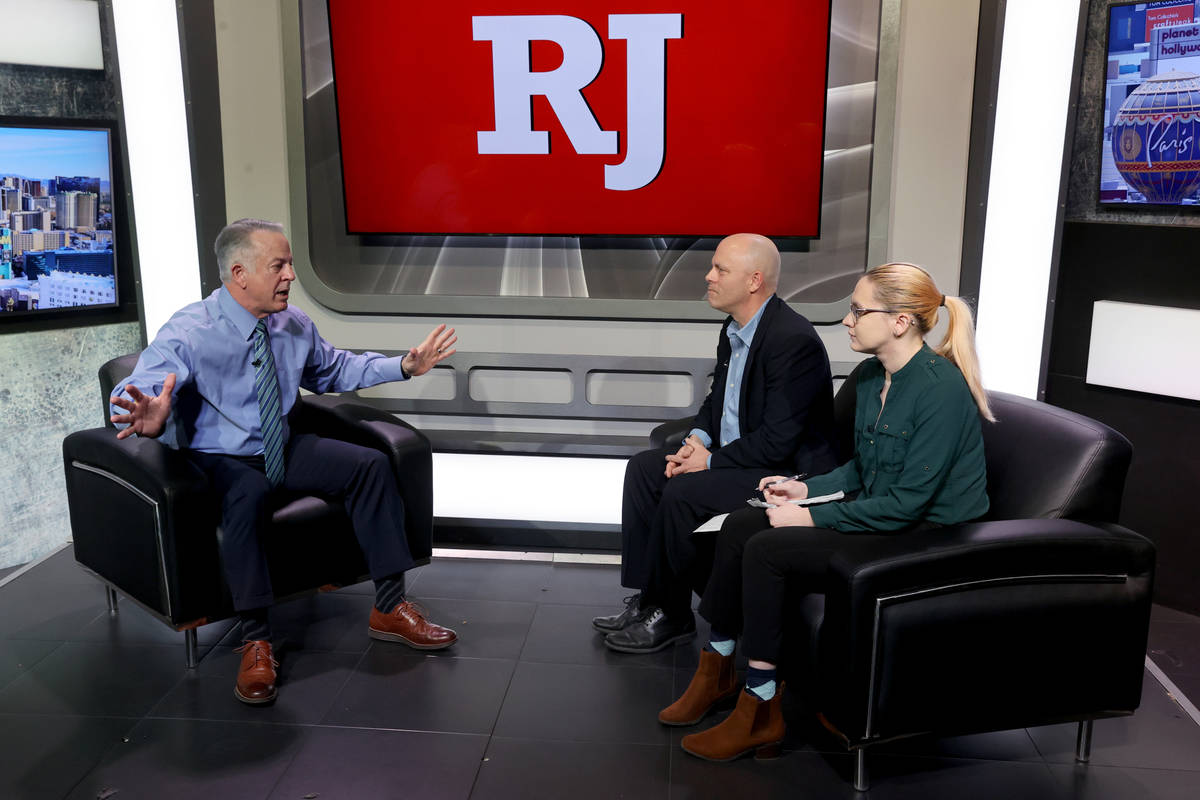 Clark County Sheriff Joe Lombardo, left, is interviewed by Las Vegas Review-Journal reporters G ...