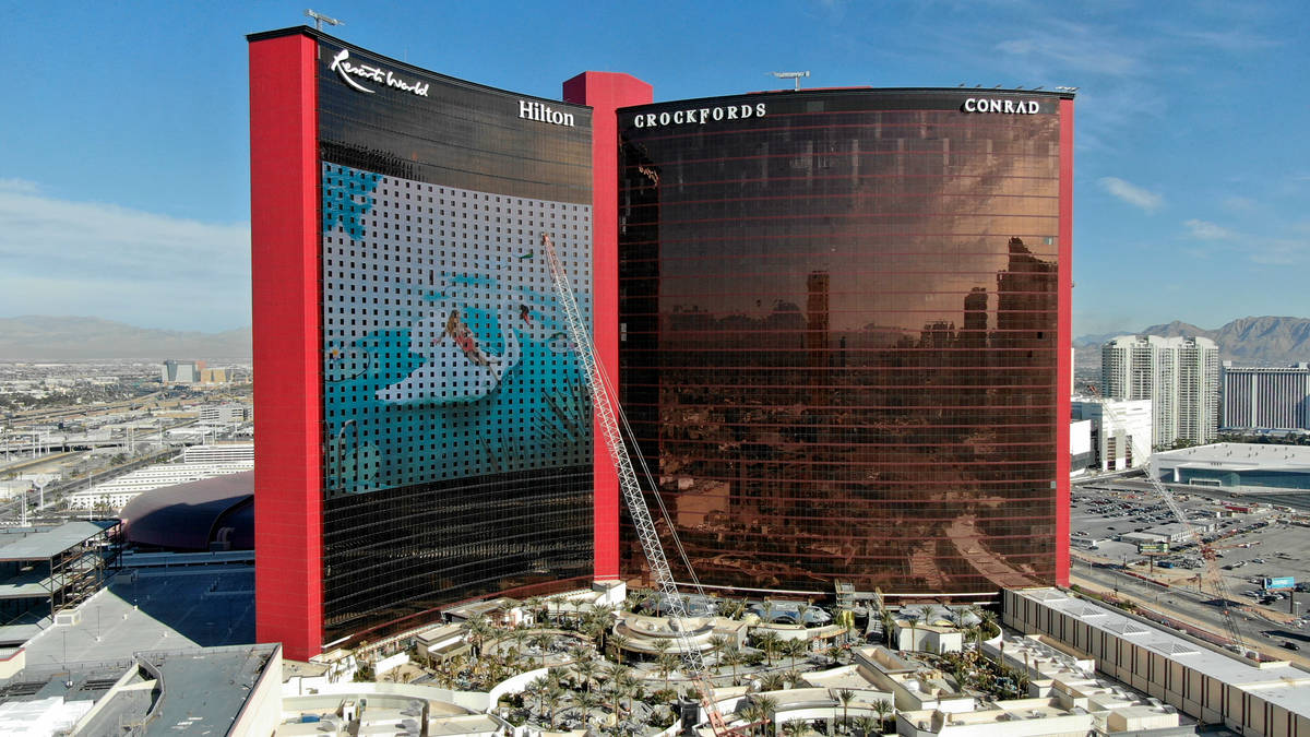 An aerial photo of Resorts World Las Vegas under construction on the former site of the Stardus ...