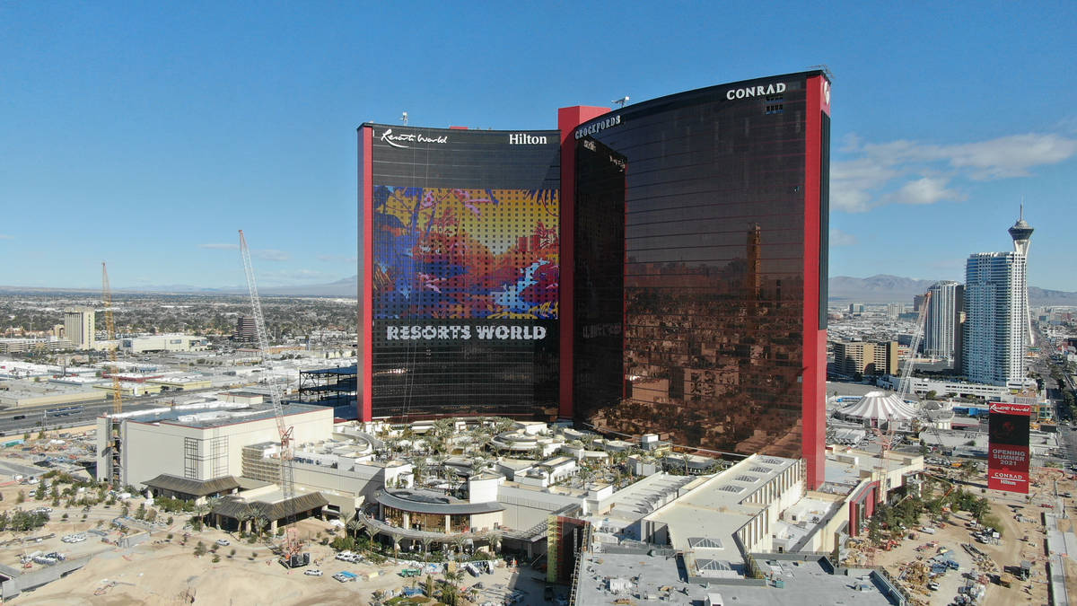 An aerial photo of Resorts World Las Vegas under construction on the former site of the Stardus ...