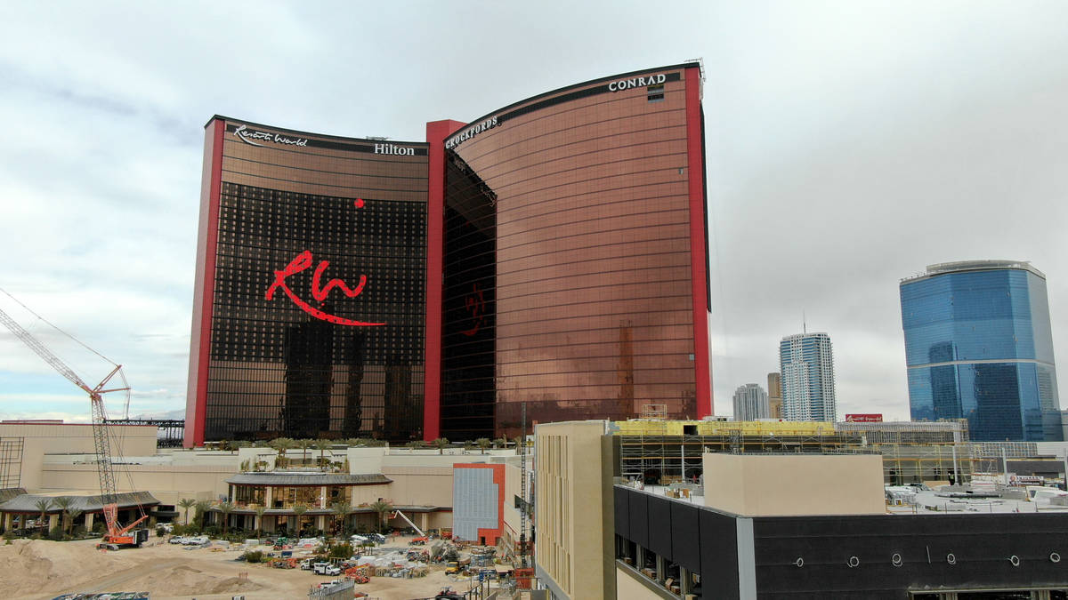 An aerial photo of Resorts World Las Vegas under construction on the former site of the Stardus ...